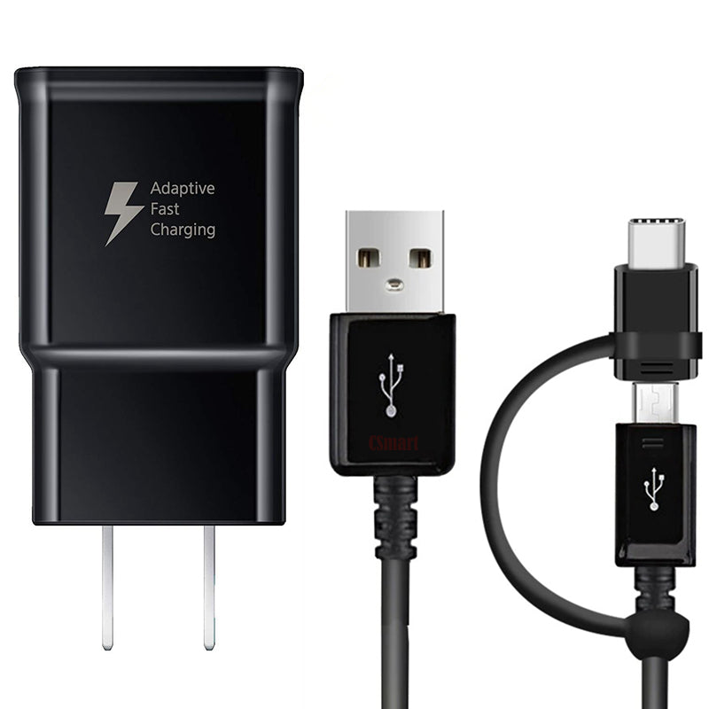 Adaptateur secteur USB à charge rapide, chargeur mural et câble Micro USB/USB-C (1 m) pour téléphones Samsung Motorola Google Adaptateur secteur USB à charge rapide, chargeur mural et câble Micro USB/USB-C (1 m) pour téléphones Samsung Motorola Google